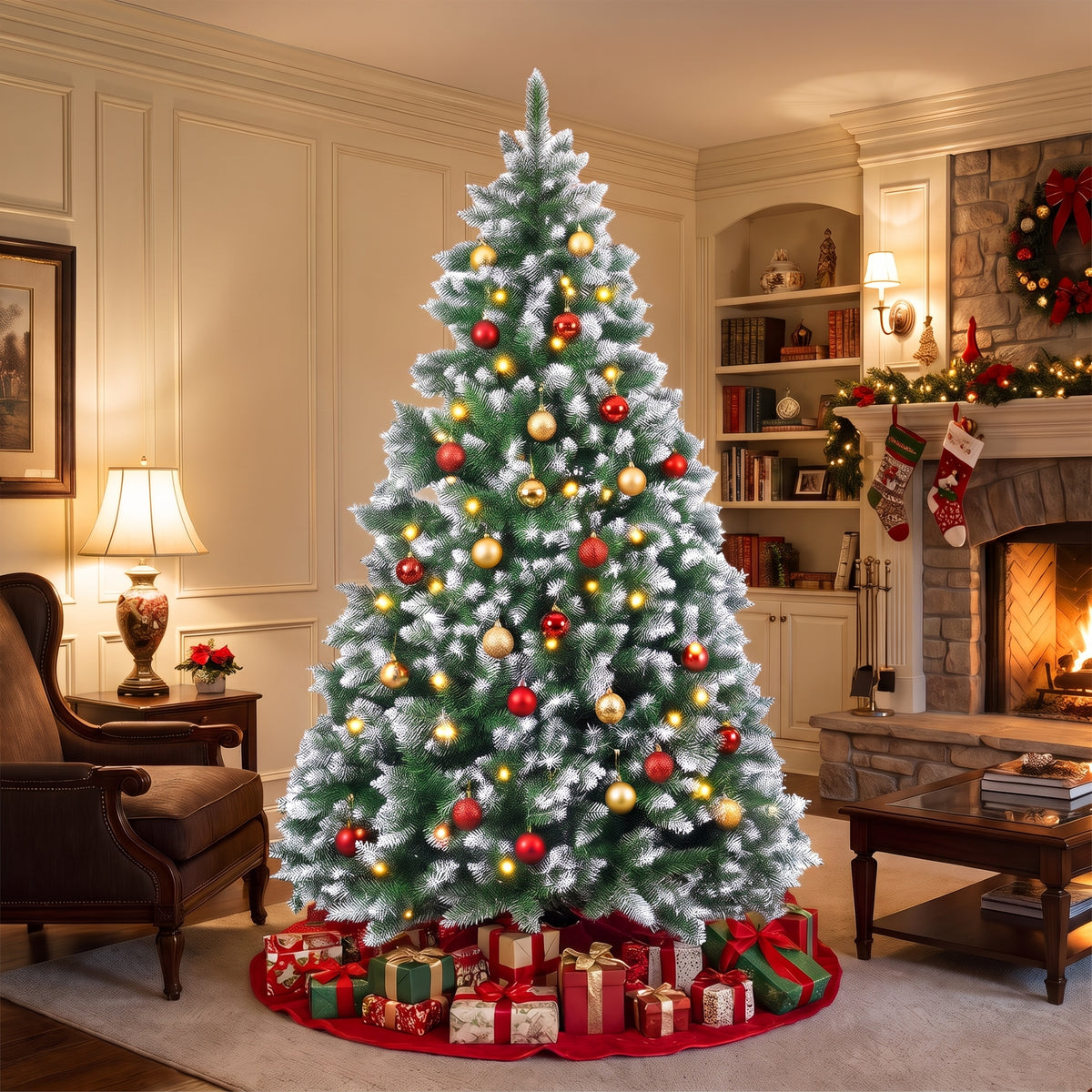 Decorated frosted Christmas tree in a classic American living room