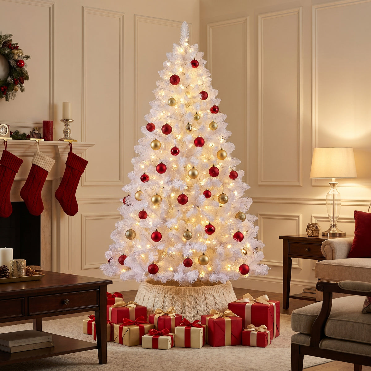 Decorated white Christmas tree in a classic American living room