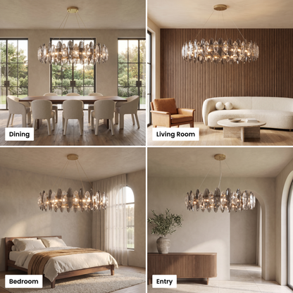 Seren crystal chandelier shown in dining, living room, bedroom and entry settings