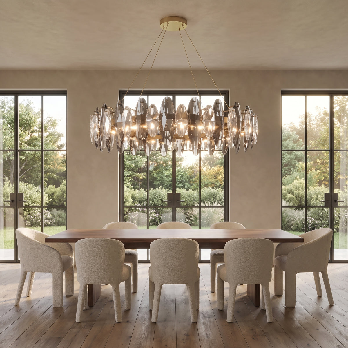 Seren smoky grey crystal chandelier above a long walnut dining table