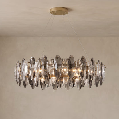 Large Seren smoky grey crystal chandelier, close-up