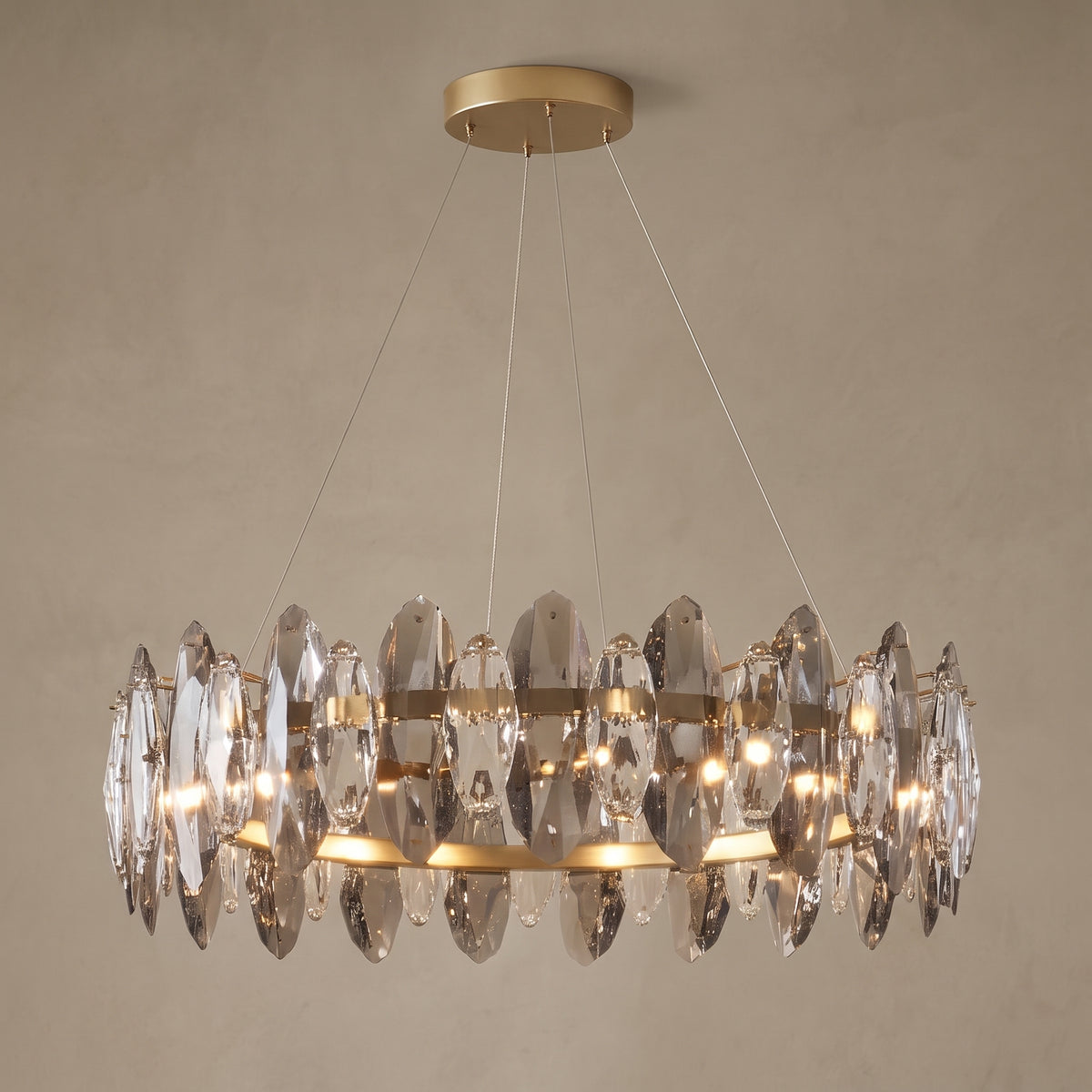 Medium Seren smoky grey crystal chandelier, close-up