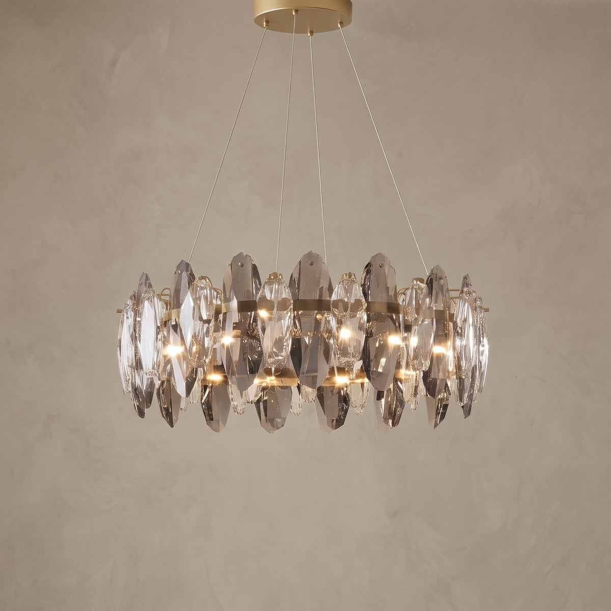 Small Seren smoky grey crystal chandelier, close-up