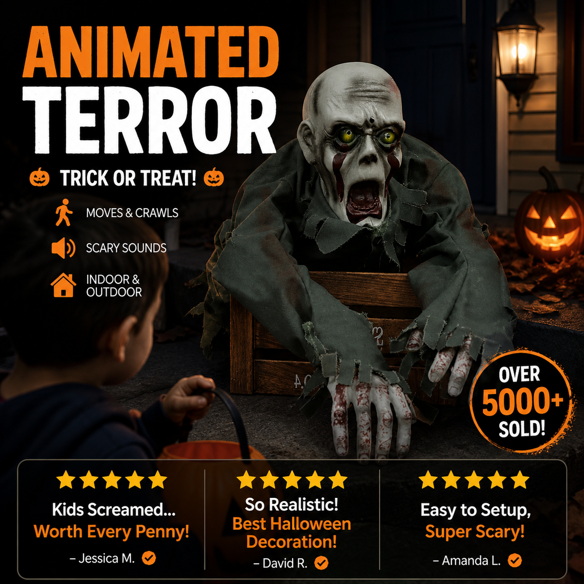 Crawling ghost Halloween prop shown in a party setting