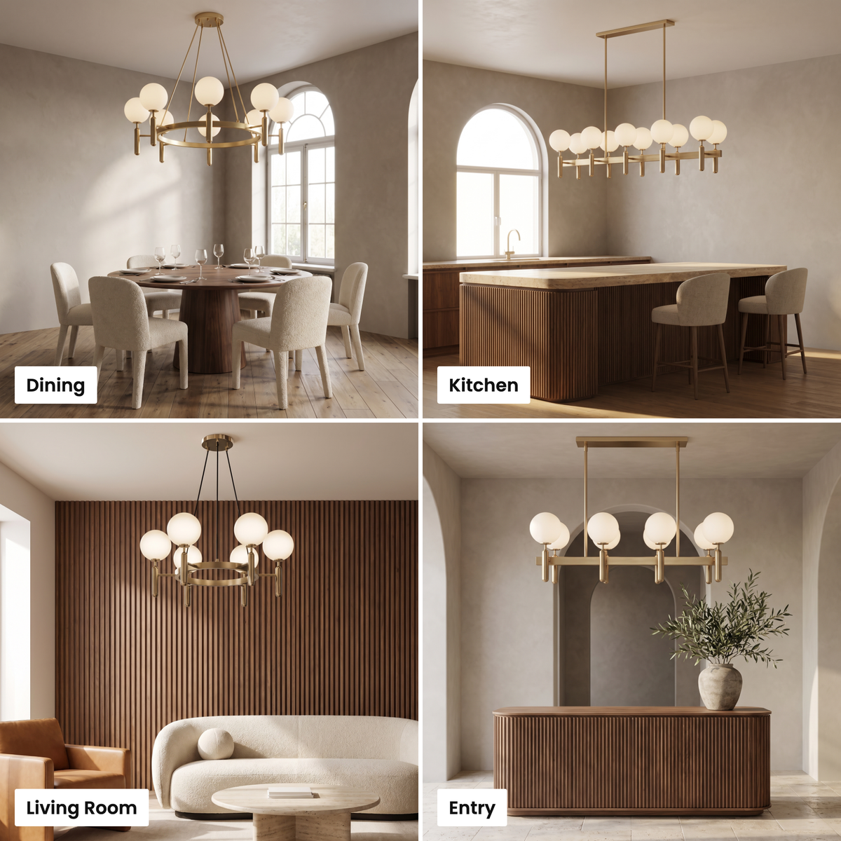 Solenne brass chandelier shown in dining, kitchen, living room and entry settings