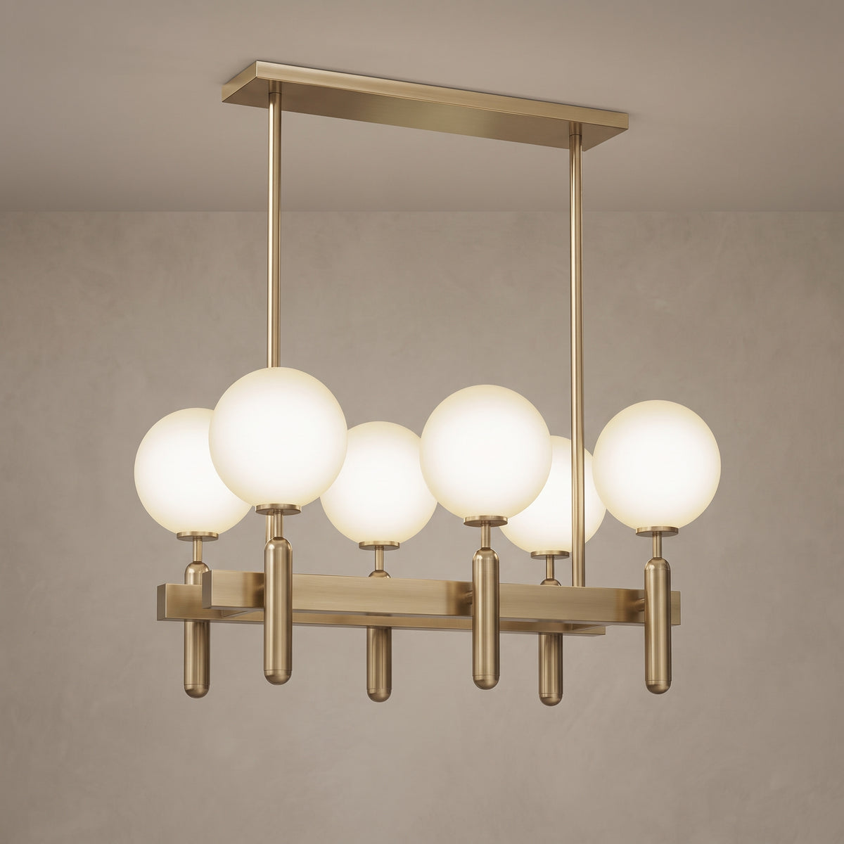 Solenne brass chandelier, Rectangle base with 6 lights, close-up