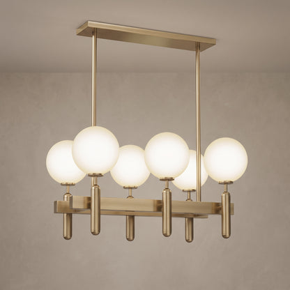 Solenne brass chandelier, Rectangle base with 6 lights, close-up