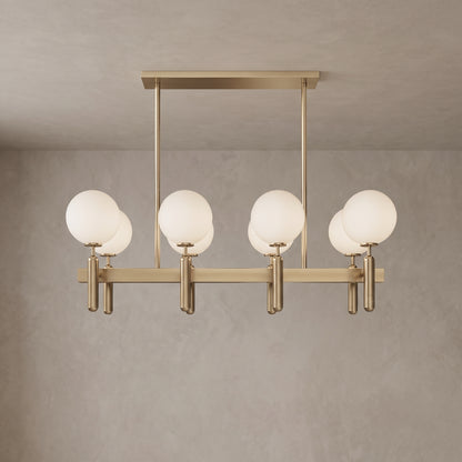 Solenne brass chandelier, Rectangle base with 8 lights, close-up