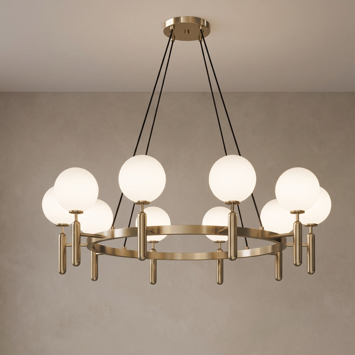 Solenne brass chandelier, Round base with 10 lights, close-up