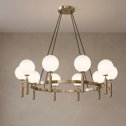 Solenne brass chandelier, Round base with 10 lights, close-up