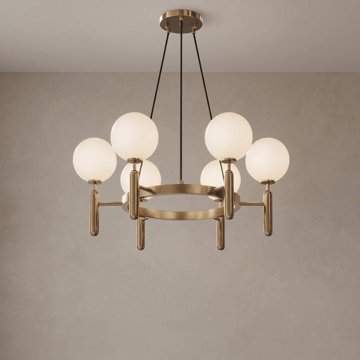 Solenne brass chandelier, Round base with 6 lights, close-up