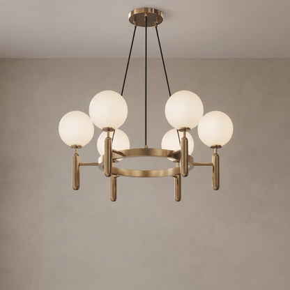 Solenne brass chandelier, Round base with 6 lights, close-up