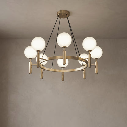 Solenne brass chandelier, Round base with 8 lights, close-up