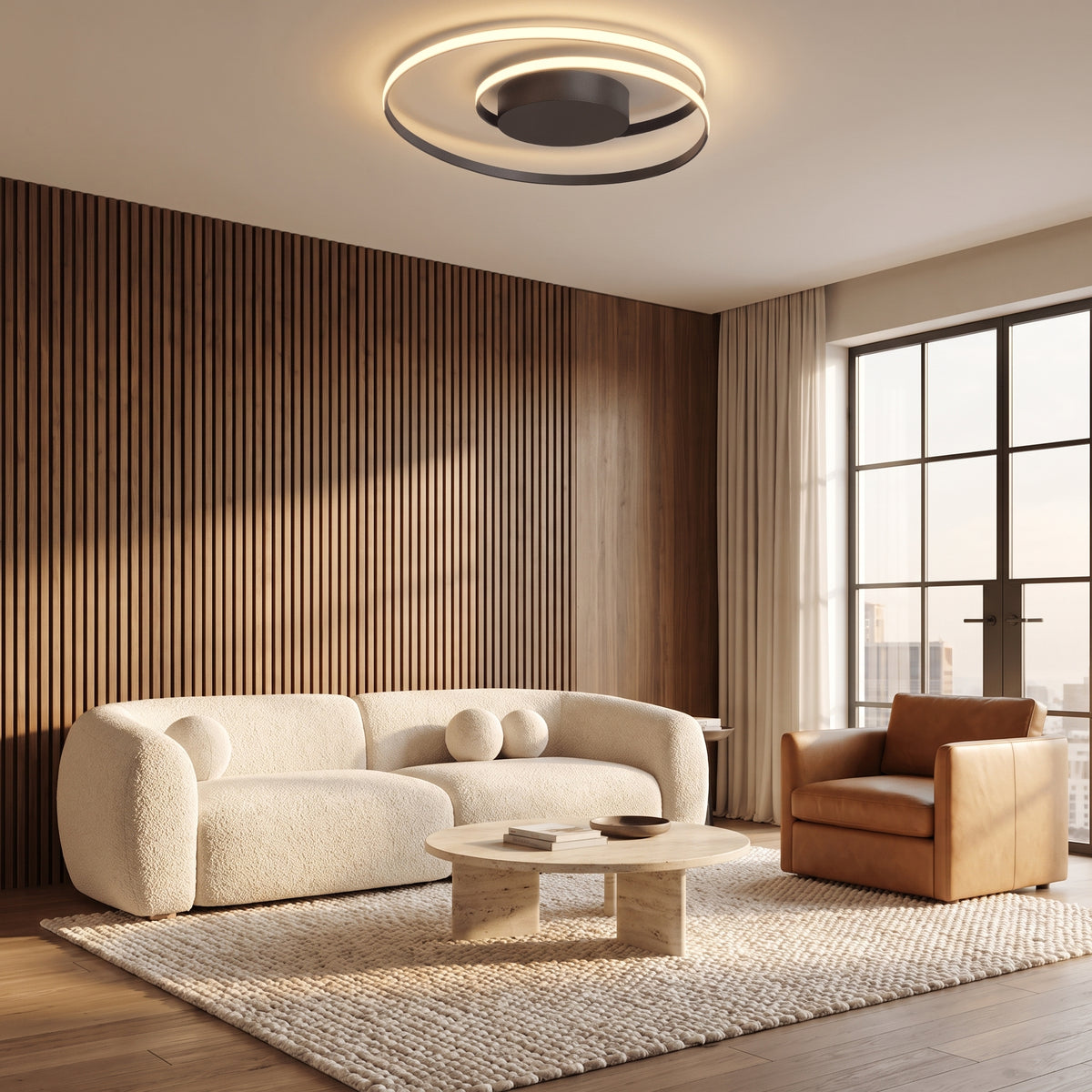 Linnea black ash spiral LED ceiling light in a living room with a walnut slat wall