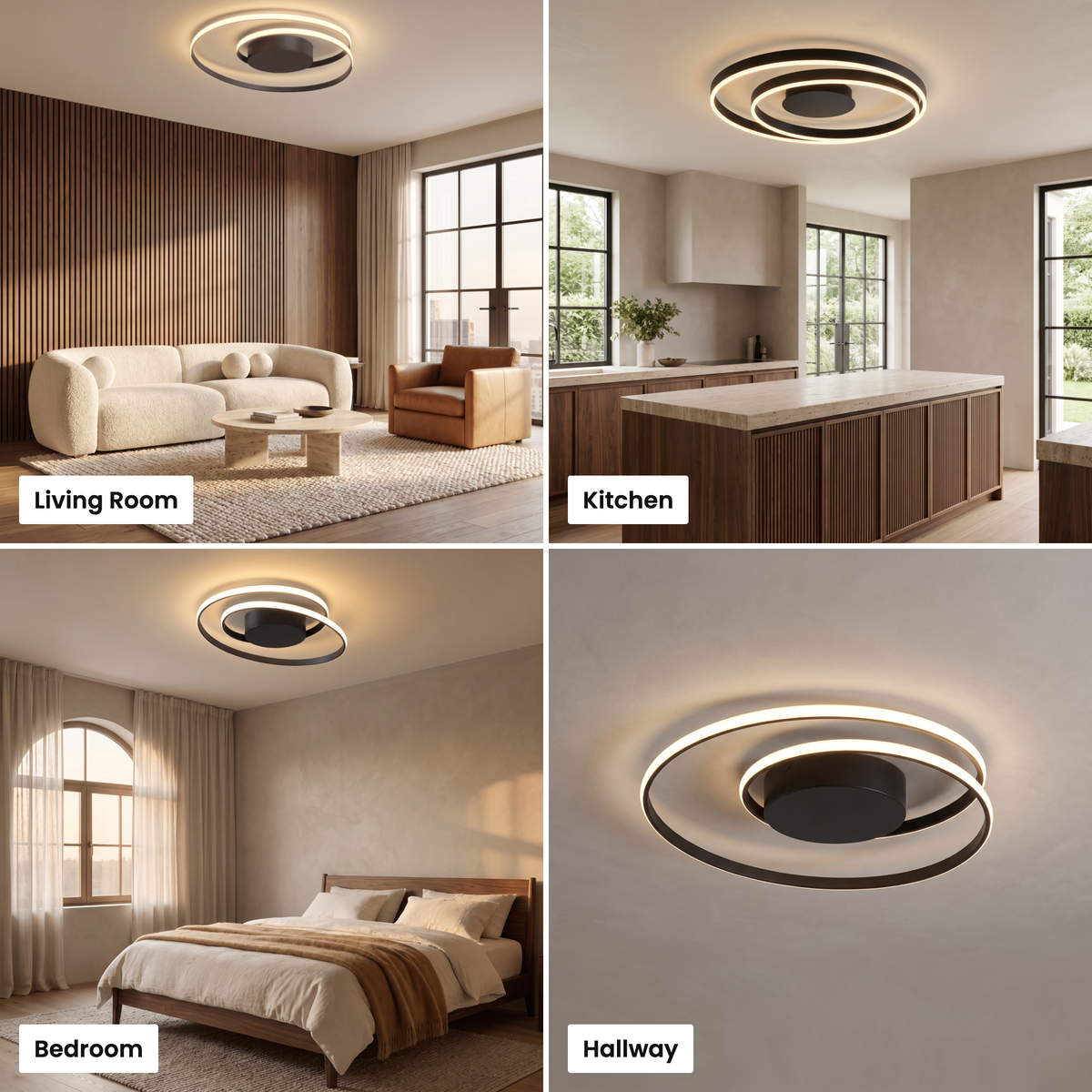 Linnea spiral LED ceiling light shown in living room, kitchen, bedroom and hallway settings