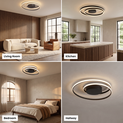 Linnea spiral LED ceiling light shown in living room, kitchen, bedroom and hallway settings
