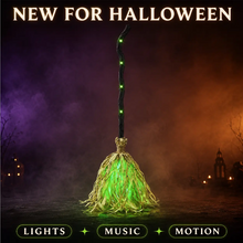 Walking electric witch broom Halloween prop with green LED light
