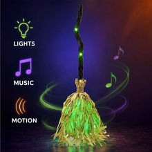 Electric witch broom walking across a porch at night