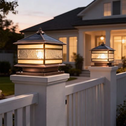 Brindle Solar Outdoor Post Light, Retro Copper, Fence & Pillar Design