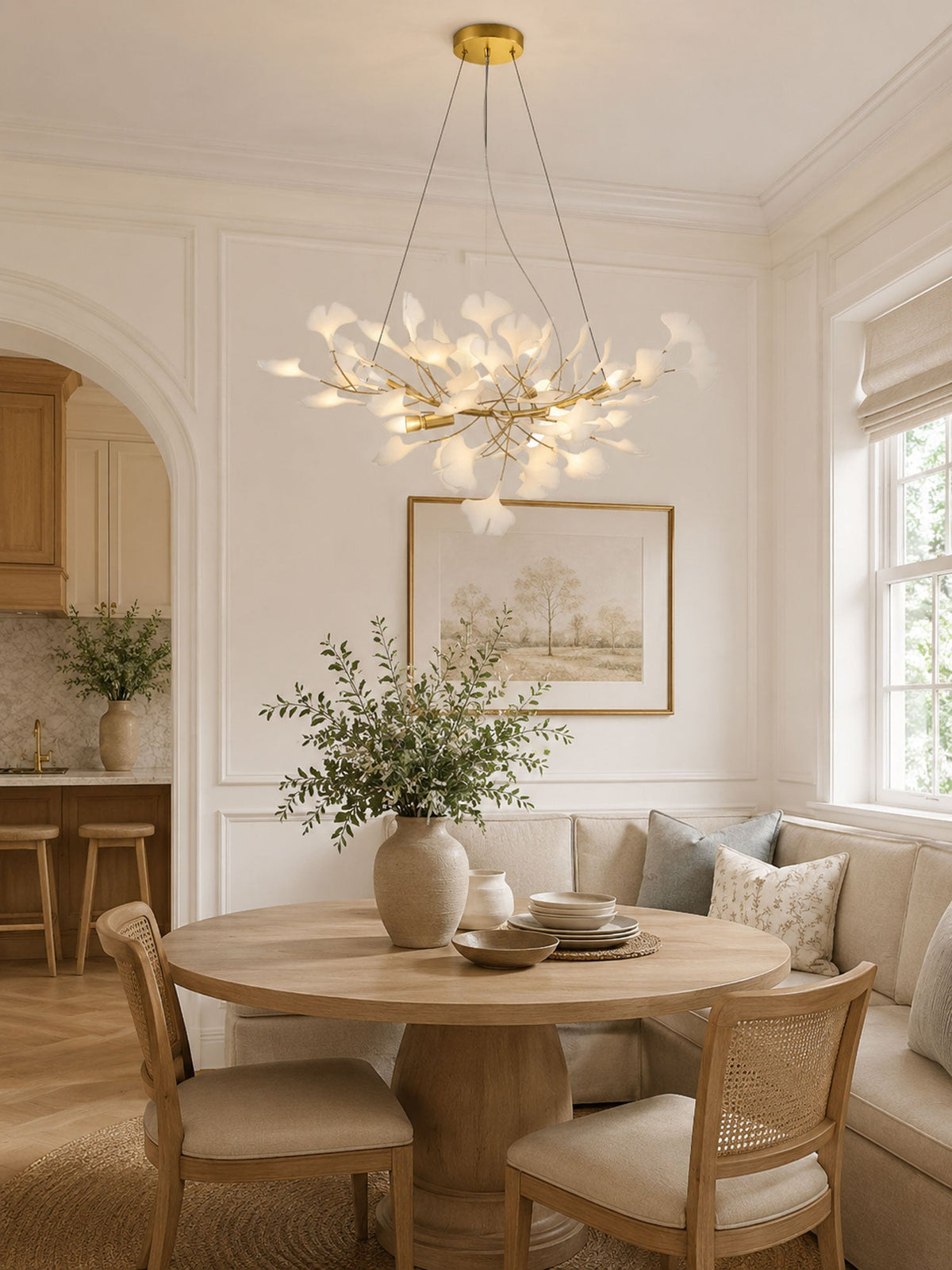 Kaori Leaf Chandelier, Ginkgo Leaf Design, 7 Sizes, Gold, Nickel, Black or White Finish