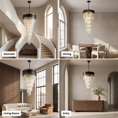 Vesper spiral crystal chandelier shown in stairwell, dining, living room and entry settings