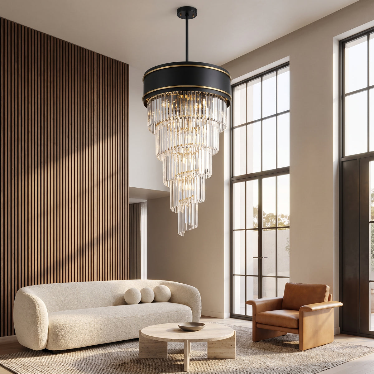 Vesper spiral crystal chandelier in a warm double-height living room