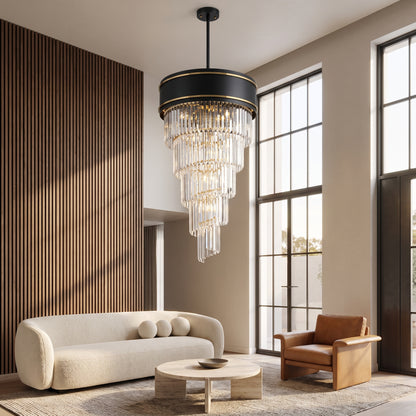 Vesper spiral crystal chandelier in a warm double-height living room