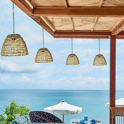 Havana Solar Outdoor Pendant Lantern, Bell Rattan Waterproof, Hanging Patio Light