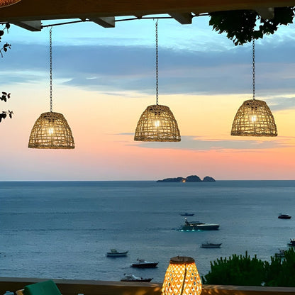 Havana Solar Outdoor Pendant Lantern, Bell Rattan Waterproof, Hanging Patio Light