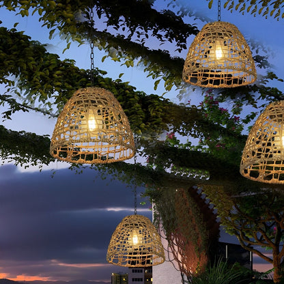 Havana Solar Outdoor Pendant Lantern, Bell Rattan Waterproof, Hanging Patio Light