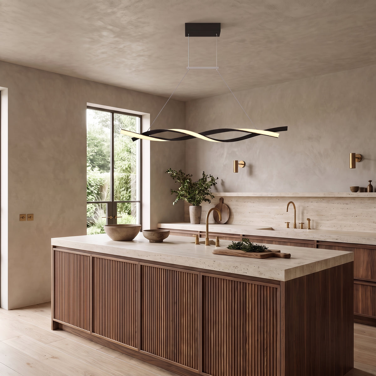 Ondine linear wave LED pendant above a walnut kitchen island