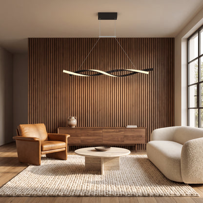 Ondine linear wave LED pendant in a living room with a walnut slat wall
