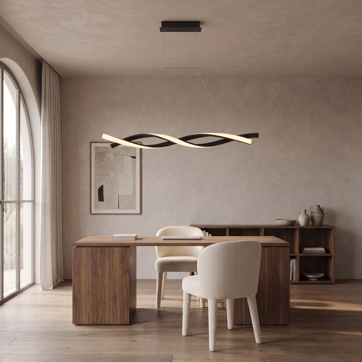 Ondine linear wave LED pendant above a walnut home office desk