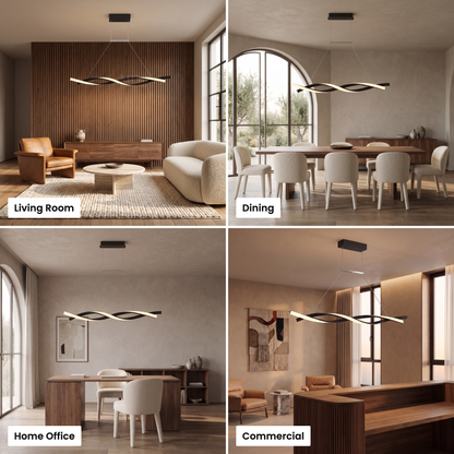 Ondine linear wave LED pendant shown in living room, dining, home office and commercial settings