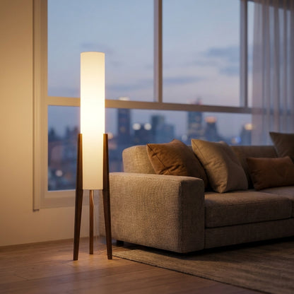 Tripod floor lamp - living room at dusk