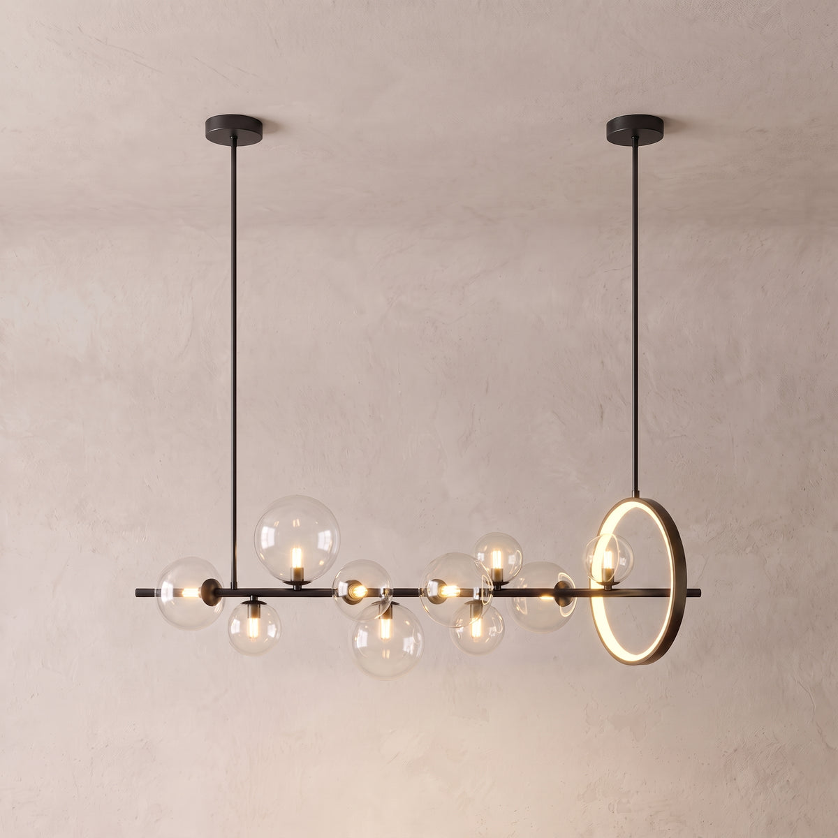 Wren linear glass globe chandelier on a warm light grey studio background