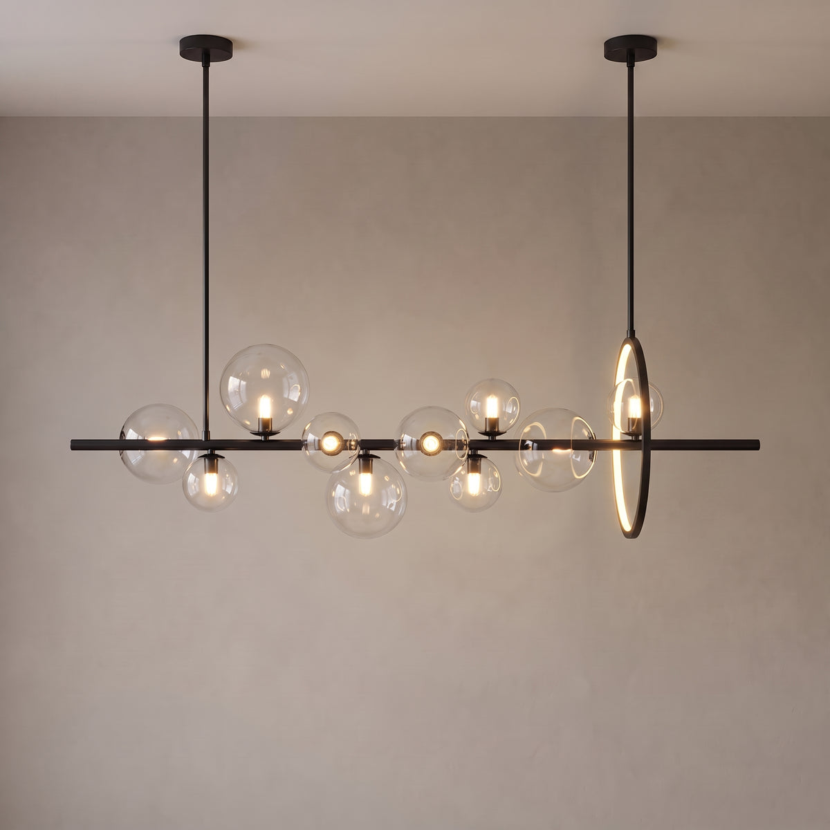 10-orb version of the Wren linear glass globe chandelier, close-up