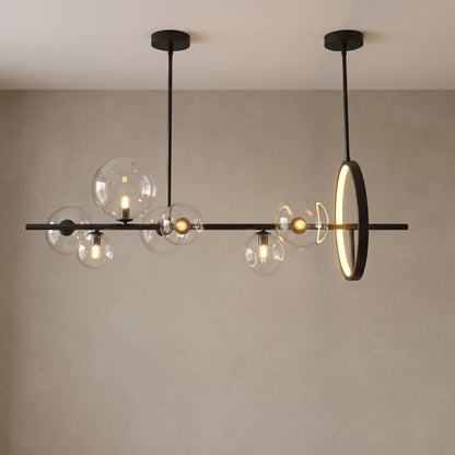 7-orb version of the Wren linear glass globe chandelier, close-up