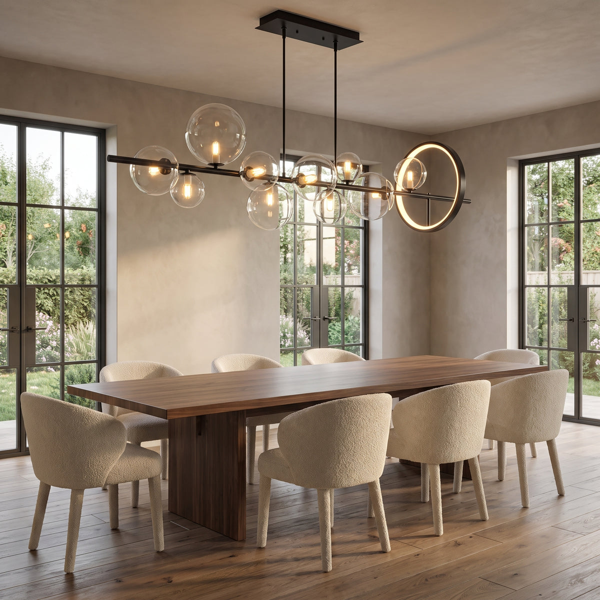 Wren linear glass globe chandelier above a long walnut dining table