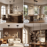 Wren linear glass globe chandelier shown in kitchen, dining, living room and office settings