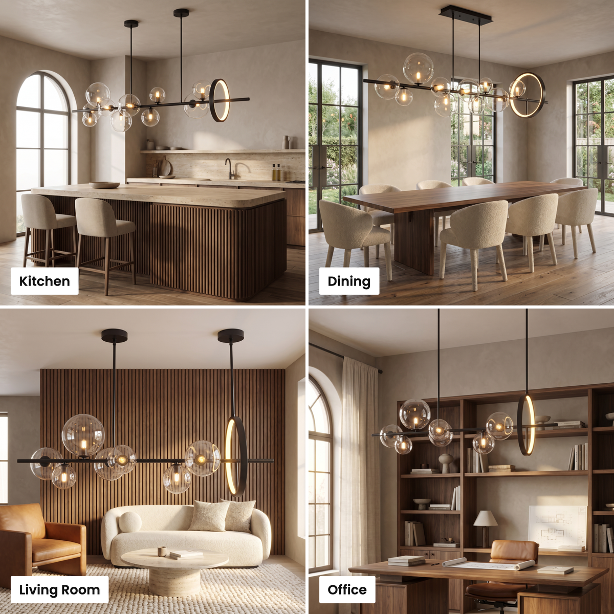 Wren linear glass globe chandelier shown in kitchen, dining, living room and office settings