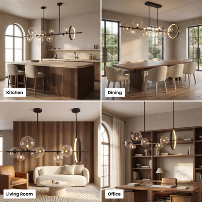 Wren linear glass globe chandelier shown in kitchen, dining, living room and office settings