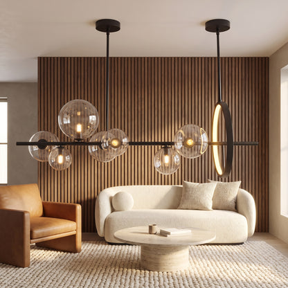 Wren linear glass globe chandelier in a warm living room