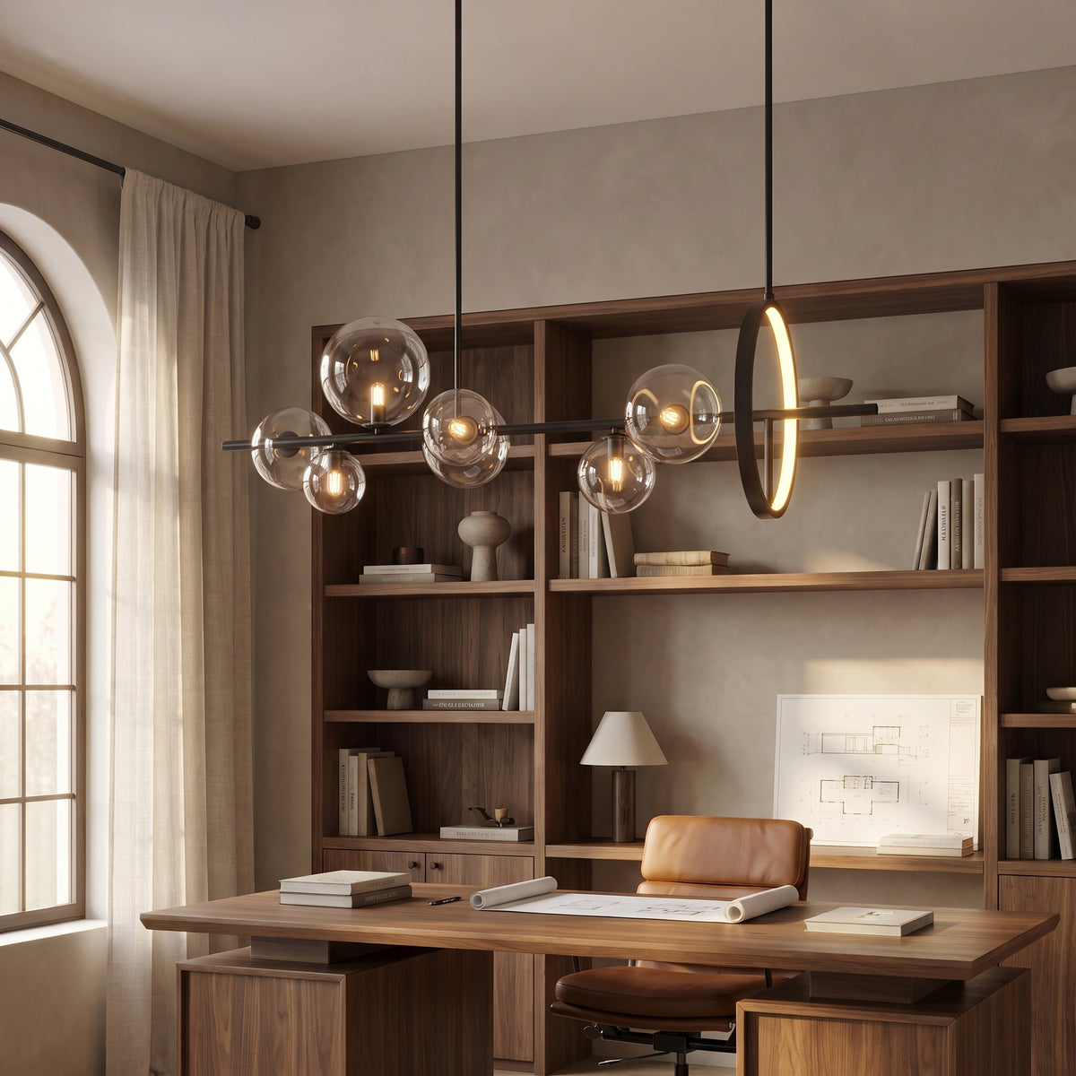 Wren linear glass globe chandelier above a walnut desk in a home office