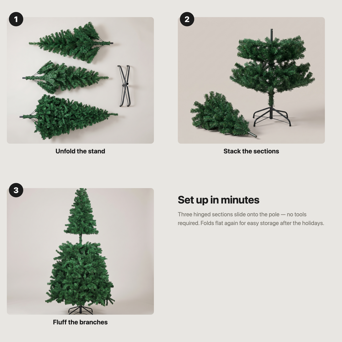 Assembly guide: unfold the stand, stack the sections, fluff the branches