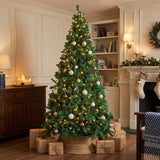 Decorated 7ft Christmas tree with warm lights in a classic American living room