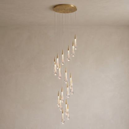 Zephyra spiral crystal chandelier with 18 droplets, close-up