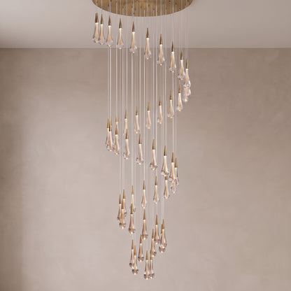 Zephyra spiral crystal chandelier with 49 droplets, close-up