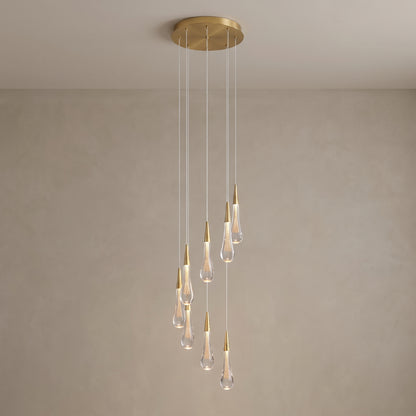 Zephyra spiral crystal chandelier with 8 droplets, close-up