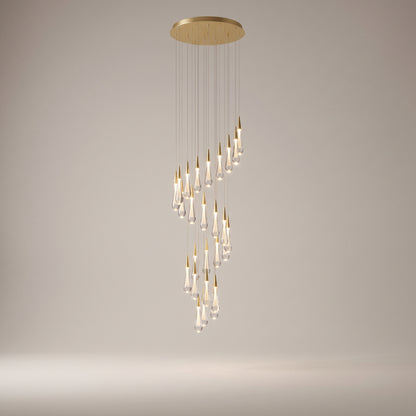 Zephyra spiral crystal chandelier on a warm light grey studio background